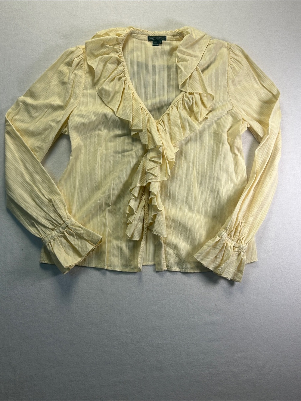 Y2K Lauren Ralph Lauren Pale Yellow Ruffle-Front Button Down Blouse